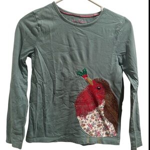 Mini Boden Green Shirt with Bird Design And Holly Accents